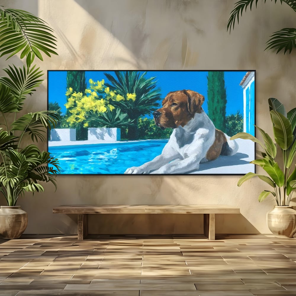 Tablou canvas cu tablou canvas cu caine la piscina, in rama de aluminiu negru